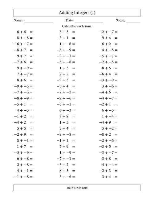 The Adding Integers from -9 to 9 (No Parentheses) (I) Math Worksheet