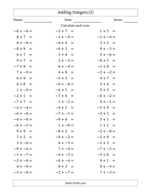 The Adding Mixed Integers from -9 to 9 (75 Questions; No Parentheses) (J) Math Worksheet