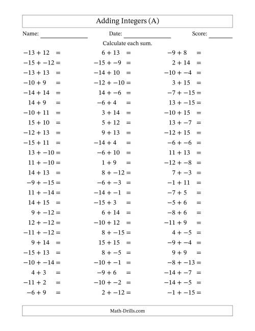The Adding Integers from -15 to 15 (No Parentheses) (A) Math Worksheet