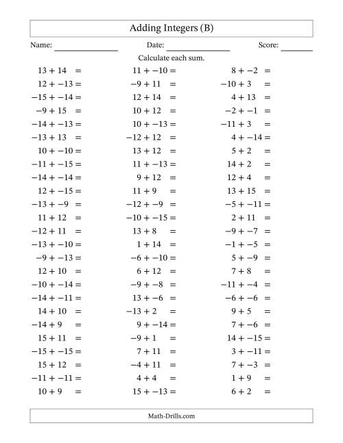The Adding Integers from -15 to 15 (No Parentheses) (B) Math Worksheet
