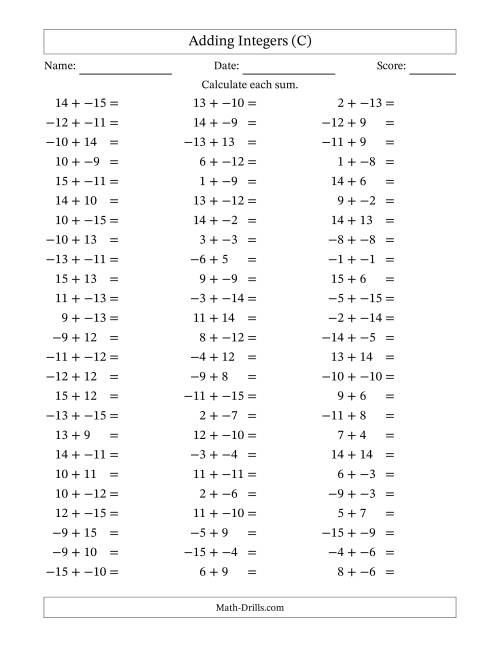 The Adding Integers from -15 to 15 (No Parentheses) (C) Math Worksheet
