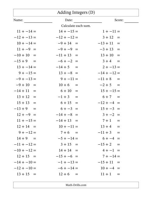 The Adding Mixed Integers from -15 to 15 (75 Questions; No Parentheses) (D) Math Worksheet