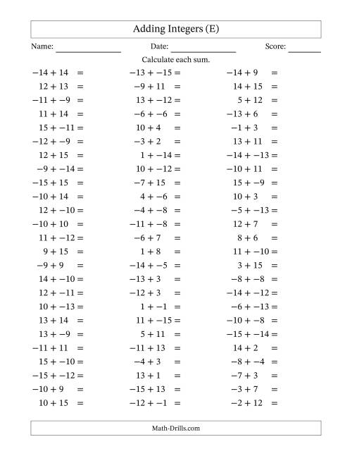 The Adding Integers from -15 to 15 (No Parentheses) (E) Math Worksheet