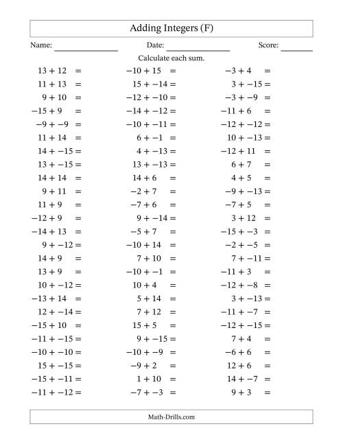 The Adding Integers from -15 to 15 (No Parentheses) (F) Math Worksheet