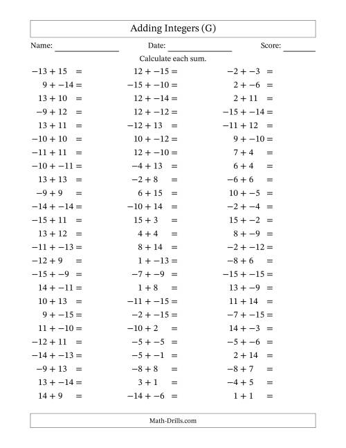 The Adding Mixed Integers from -15 to 15 (75 Questions; No Parentheses) (G) Math Worksheet