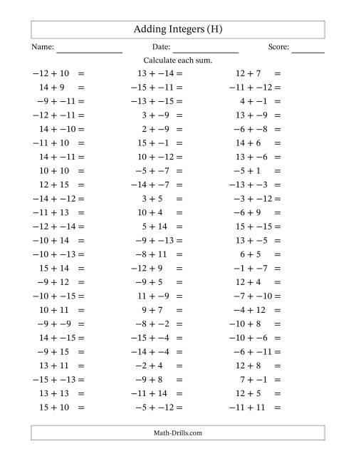 The Adding Integers from -15 to 15 (No Parentheses) (H) Math Worksheet
