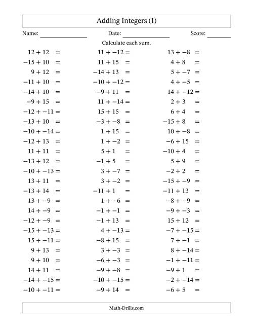 The Adding Integers from -15 to 15 (No Parentheses) (I) Math Worksheet