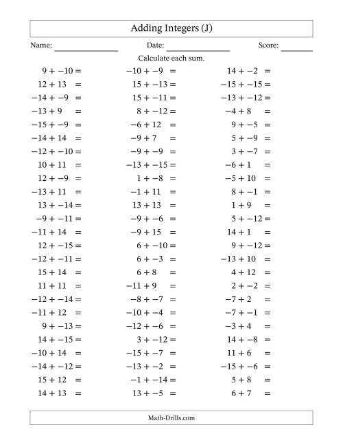 The Adding Mixed Integers from -15 to 15 (75 Questions; No Parentheses) (J) Math Worksheet