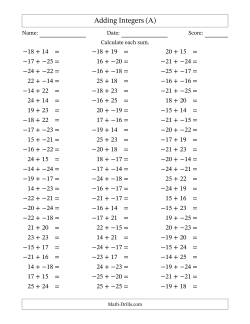 Adding Integers from -25 to 25 (No Parentheses)