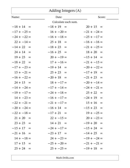 The Adding Integers from -25 to 25 (No Parentheses) (A) Math Worksheet