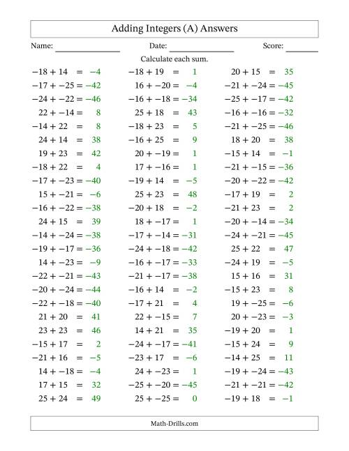 The Adding Integers from -25 to 25 (No Parentheses) (A) Math Worksheet Page 2