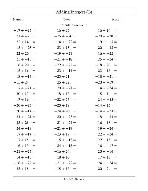 The Adding Integers from -25 to 25 (No Parentheses) (B) Math Worksheet