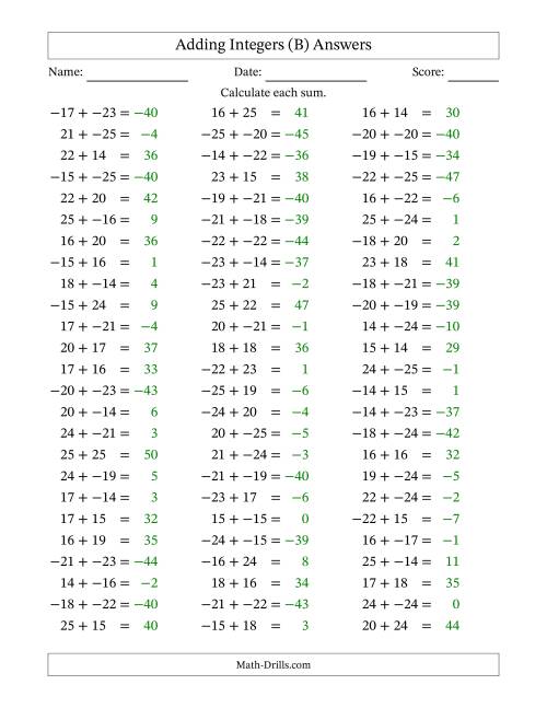 The Adding Mixed Integers from -25 to 25 (75 Questions; No Parentheses) (B) Math Worksheet Page 2