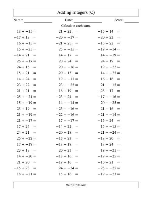 The Adding Integers from -25 to 25 (No Parentheses) (C) Math Worksheet