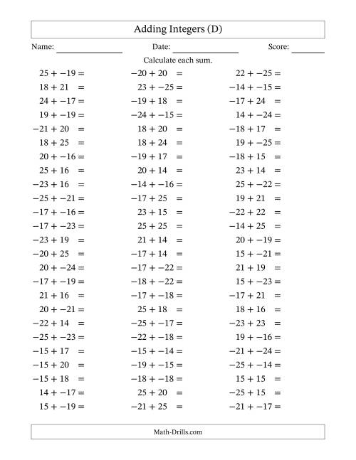 The Adding Integers from -25 to 25 (No Parentheses) (D) Math Worksheet