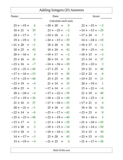 The Adding Mixed Integers from -25 to 25 (75 Questions; No Parentheses) (D) Math Worksheet Page 2