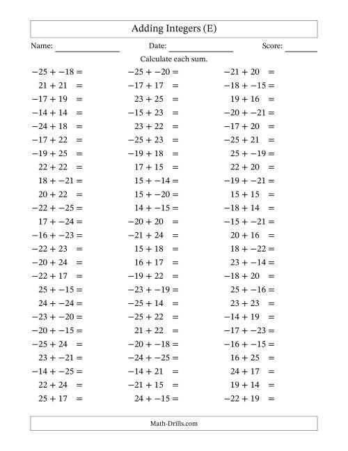 The Adding Integers from -25 to 25 (No Parentheses) (E) Math Worksheet
