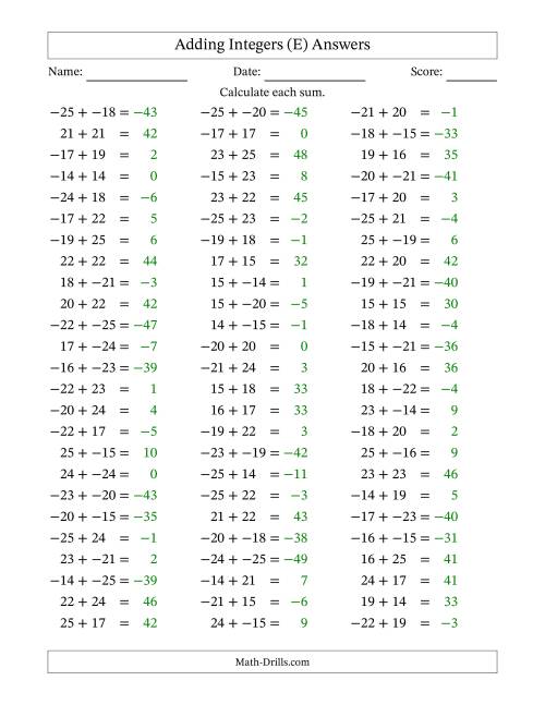 The Adding Integers from -25 to 25 (No Parentheses) (E) Math Worksheet Page 2