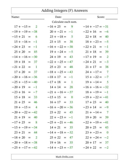 The Adding Integers from -25 to 25 (No Parentheses) (F) Math Worksheet Page 2