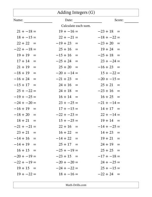 The Adding Mixed Integers from -25 to 25 (75 Questions; No Parentheses) (G) Math Worksheet