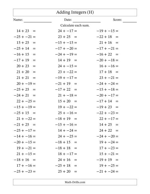 The Adding Integers from -25 to 25 (No Parentheses) (H) Math Worksheet