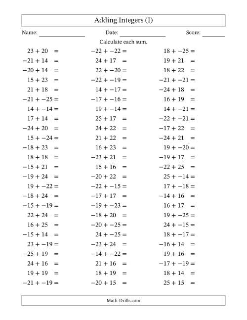 The Adding Mixed Integers from -25 to 25 (75 Questions; No Parentheses) (I) Math Worksheet