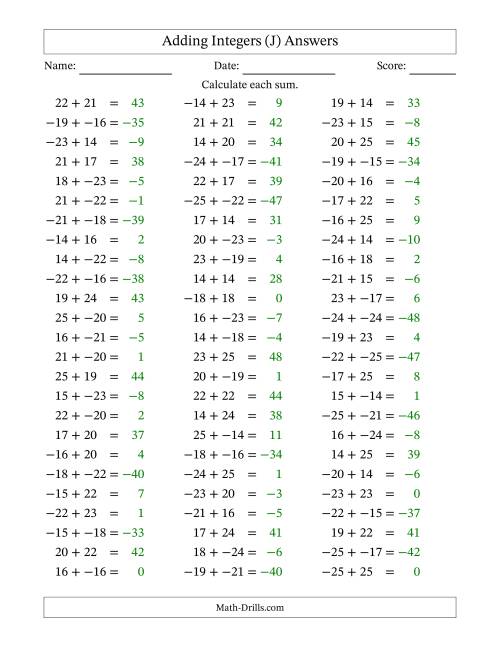 The Adding Mixed Integers from -25 to 25 (75 Questions; No Parentheses) (J) Math Worksheet Page 2