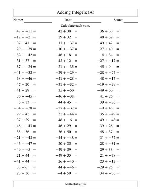 The Adding Integers from -50 to 50 (No Parentheses) (A) Math Worksheet