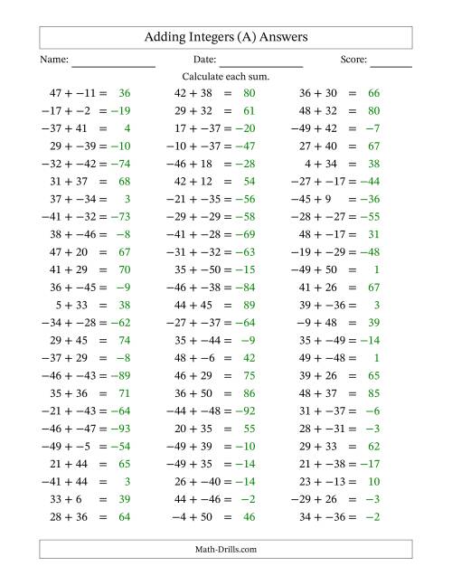 The Adding Integers from -50 to 50 (No Parentheses) (A) Math Worksheet Page 2