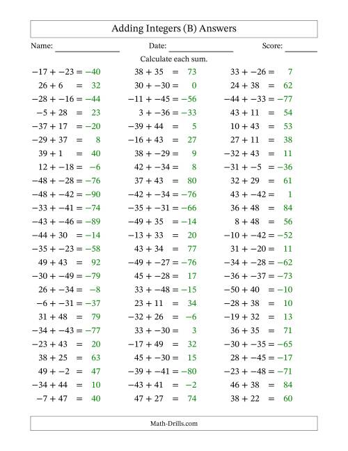 The Adding Mixed Integers from -50 to 50 (75 Questions; No Parentheses) (B) Math Worksheet Page 2