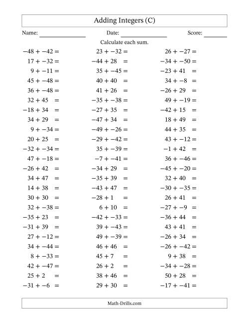 The Adding Mixed Integers from -50 to 50 (75 Questions; No Parentheses) (C) Math Worksheet