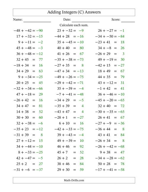 The Adding Mixed Integers from -50 to 50 (75 Questions; No Parentheses) (C) Math Worksheet Page 2
