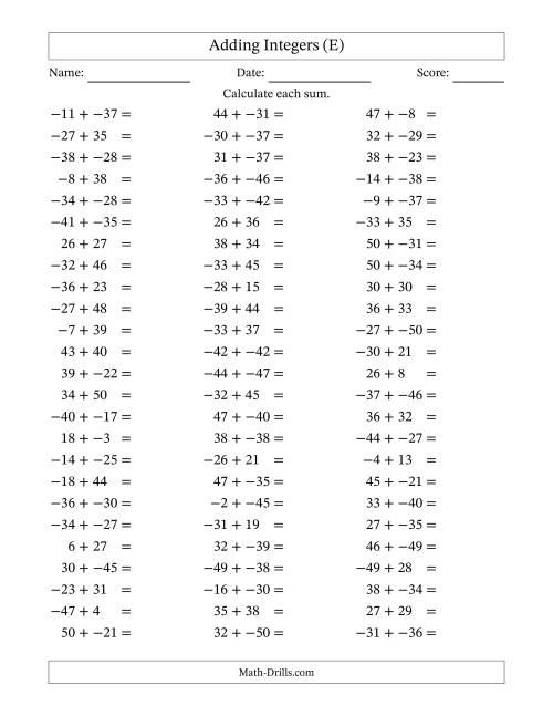 The Adding Mixed Integers from -50 to 50 (75 Questions; No Parentheses) (E) Math Worksheet