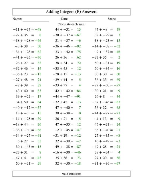 The Adding Mixed Integers from -50 to 50 (75 Questions; No Parentheses) (E) Math Worksheet Page 2
