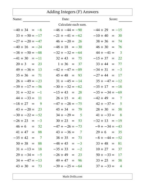 The Adding Mixed Integers from -50 to 50 (75 Questions; No Parentheses) (F) Math Worksheet Page 2