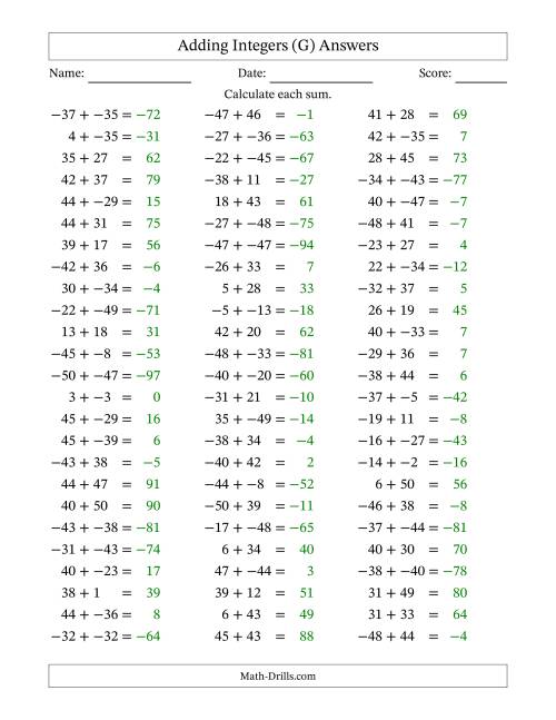 The Adding Mixed Integers from -50 to 50 (75 Questions; No Parentheses) (G) Math Worksheet Page 2