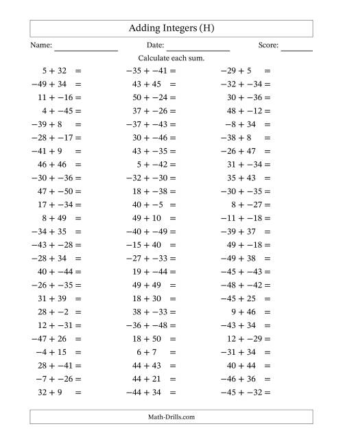 The Adding Mixed Integers from -50 to 50 (75 Questions; No Parentheses) (H) Math Worksheet