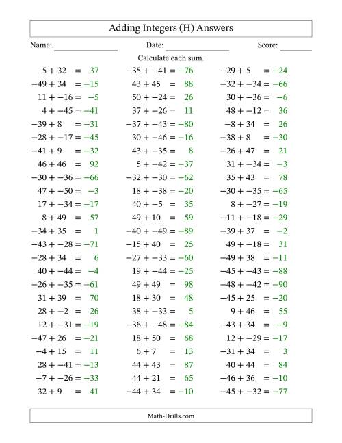 The Adding Mixed Integers from -50 to 50 (75 Questions; No Parentheses) (H) Math Worksheet Page 2