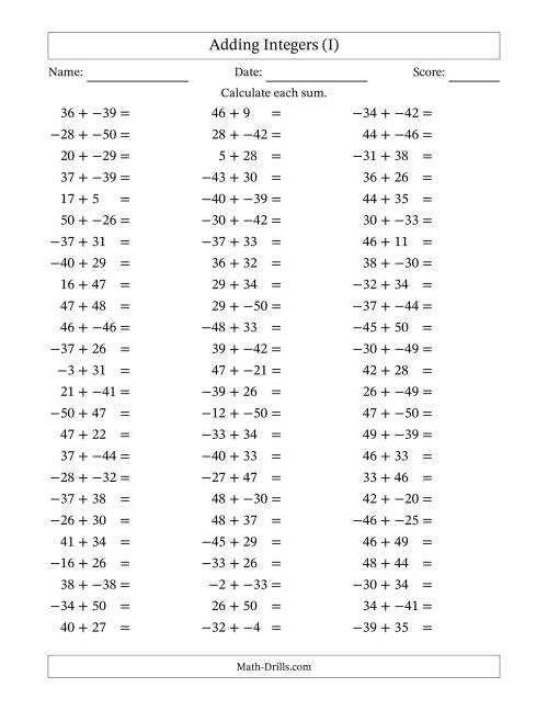 The Adding Mixed Integers from -50 to 50 (75 Questions; No Parentheses) (I) Math Worksheet
