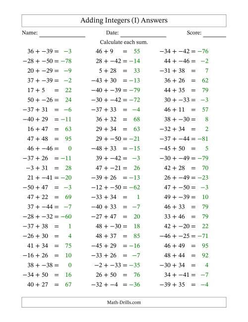 The Adding Mixed Integers from -50 to 50 (75 Questions; No Parentheses) (I) Math Worksheet Page 2