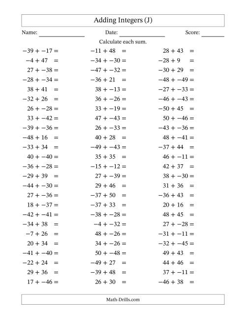 The Adding Mixed Integers from -50 to 50 (75 Questions; No Parentheses) (J) Math Worksheet