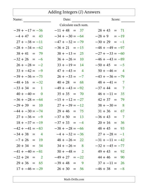 The Adding Mixed Integers from -50 to 50 (75 Questions; No Parentheses) (J) Math Worksheet Page 2