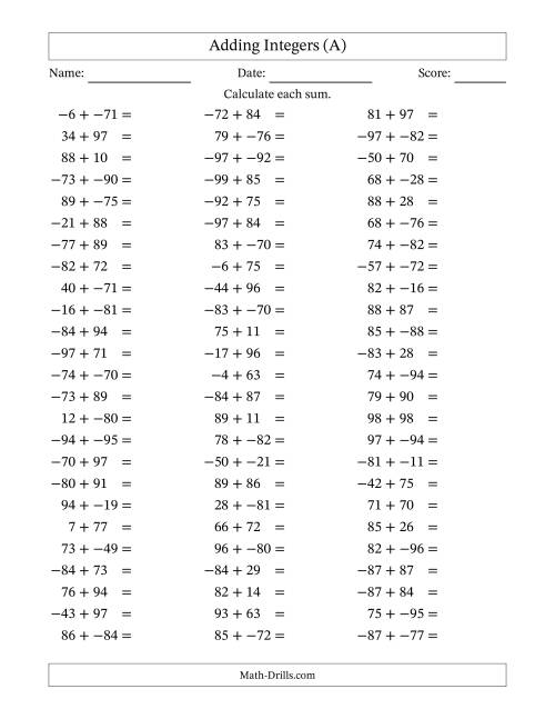 The Adding Integers from -99 to 99 (No Parentheses) (A) Math Worksheet