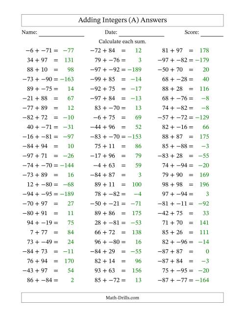 The Adding Integers from -99 to 99 (No Parentheses) (A) Math Worksheet Page 2