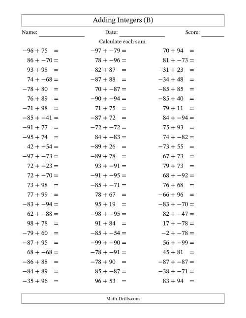 The Adding Mixed Integers from -99 to 99 (75 Questions; No Parentheses) (B) Math Worksheet