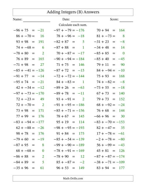The Adding Mixed Integers from -99 to 99 (75 Questions; No Parentheses) (B) Math Worksheet Page 2