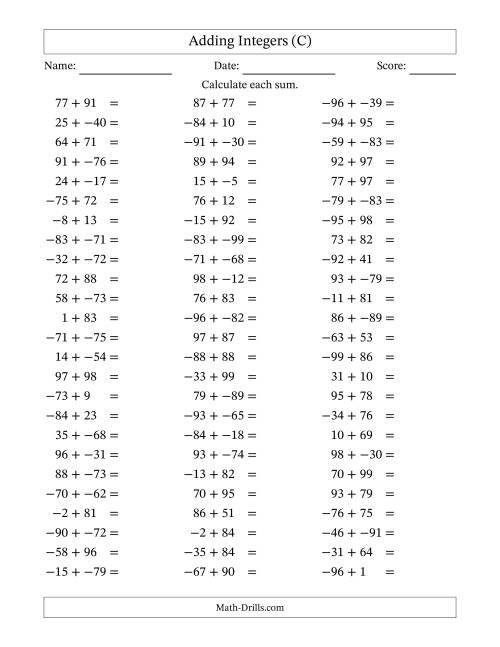 The Adding Mixed Integers from -99 to 99 (75 Questions; No Parentheses) (C) Math Worksheet