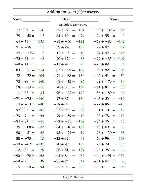 The Adding Mixed Integers from -99 to 99 (75 Questions; No Parentheses) (C) Math Worksheet Page 2