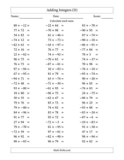 The Adding Mixed Integers from -99 to 99 (75 Questions; No Parentheses) (D) Math Worksheet