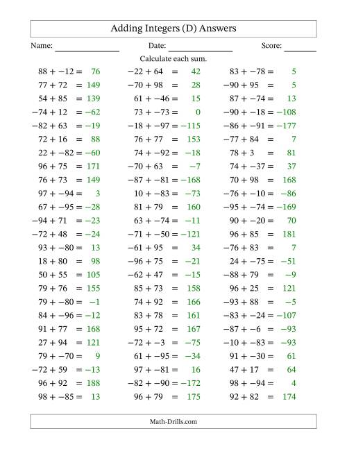 The Adding Mixed Integers from -99 to 99 (75 Questions; No Parentheses) (D) Math Worksheet Page 2